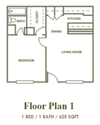 A black and white image of a floor plan for a 1 bedroom, 1 bathroom apartment.