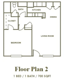 A black and white image of a floor plan for a 700 square feet home with one bedroom and one bathroom.
