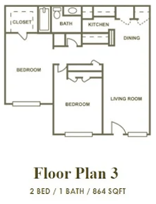 A black and white image of a floor plan for a 2 bedroom, 1 bathroom apartment.