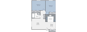 A floor plan of an apartment with two bedrooms, a living room, a dining room, a kitchen, a bathroom, and an entry.