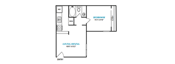 A floor plan of a bedroom, living and dining area.