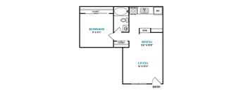 A floor plan of a room with a bedroom, dining area, living room, and closet.