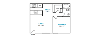 A floor plan of a small apartment with a living room, bedroom, and dining area.