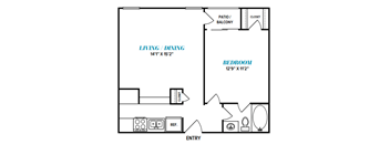 A floor plan of a small apartment with a living room, dining room, bedroom, and bathroom.
