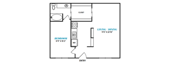 A floor plan of a small apartment with a bedroom, living/dining area, and a closet.