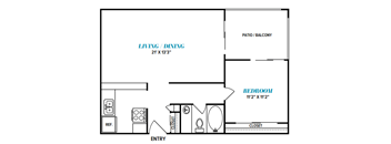 A floor plan of a small apartment with a living room, dining room, bedroom, and bathroom.
