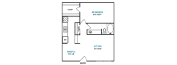 A floor plan of a small apartment with a bedroom, living room, and dining area.