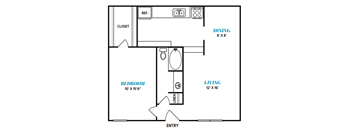 A floor plan of a small apartment with a bedroom, living room, and dining area.