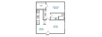 A floor plan of a small apartment with a bedroom, living room, and dining area.