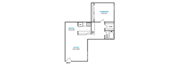 A floor plan of a room with a bedroom, living room, and dining area.
