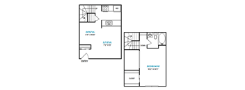 A floor plan of a living space with a dining area, bedroom, and closet.