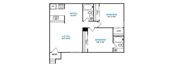 A floor plan of a small apartment with a living room, dining room, and two bedrooms.