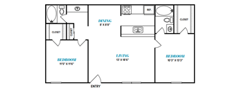 A drawing of a floor plan for a room with a living area, two bedrooms, and a bathroom.