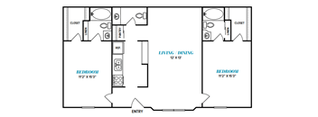 A floor plan of a living room, dining room, and two bedrooms.
