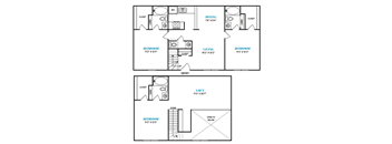 A floor plan of a two bedroom apartment with a living room and a dining room.