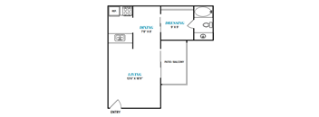 A floor plan of a living space with a dining area, dressing area, and a living area with a patio and balcony.