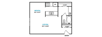 A floor plan of a living and dining area with a reference and closet.