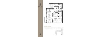 A floor plan for a two bedroom den with two bathrooms.