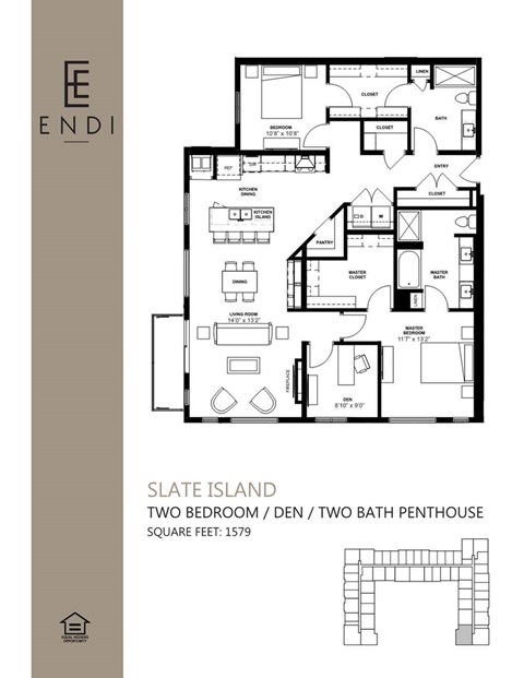 A floor plan for a two bedroom den with two bathrooms.