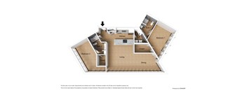 A floor plan of a house with two bedrooms, a living room, a dining room, a kitchen, a bathroom, and a closet.