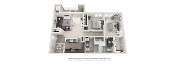 3D floor plan for 2 bedroom 2 bath 1145