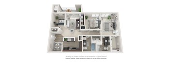 3D floor plan for 2 bedroom 2 bath with a den 1145