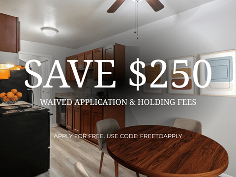A kitchen interior with a message about saving money on application and holding fees.