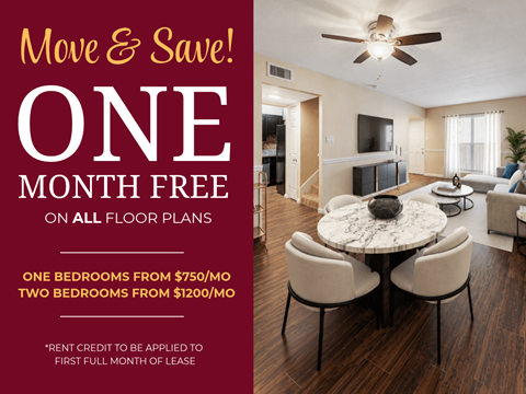 A promotional image for a move and save offer with a one month free on all floor plans.