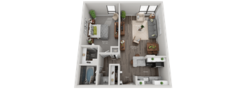 A floor plan of a small apartment with a bedroom, living room, kitchen, and bathroom.