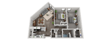 A 3D floor plan of a house showing a living room, kitchen, and two bedrooms.