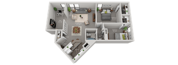 A 3D floor plan of a two-bedroom apartment with a living room, kitchen, and bathroom.