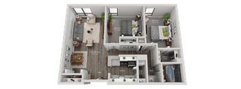 A 3D floor plan of a two-bedroom apartment with a living room, kitchen, and bathroom.