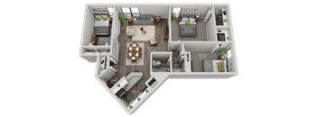 A 3D floor plan of a small apartment with a kitchen, living room, and bedrooms.