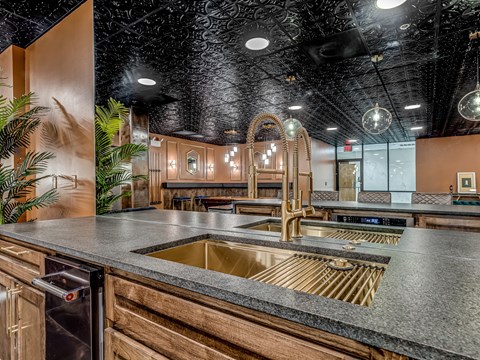 A kitchen with a sink and a counter.