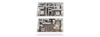 a stylized 3d floor plan of a 1 bedroom apartment
