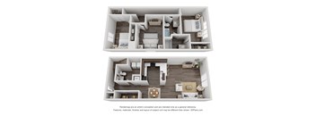 a stylized 3d floor plan with a bedroom and a living room