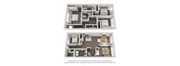 a stylized 3d floor plan with a bedroom and a living room