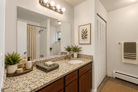 A bathroom with a granite countertop and a large mirror above it.