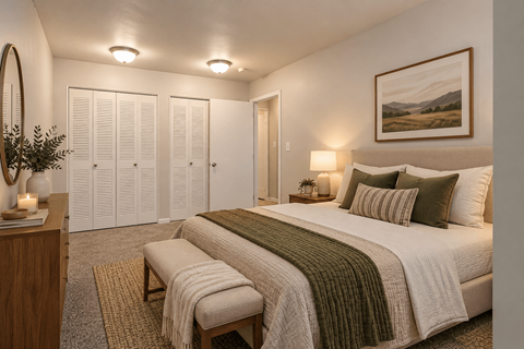 A bedroom with a large bed and a painting on the wall.