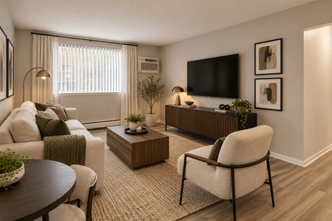 A living room with a white couch, a chair, a coffee table, and a flat screen TV mounted on the wall.