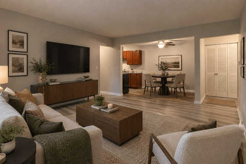 A living room with a couch, coffee table, and television.