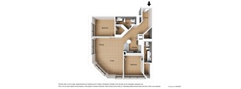 A floor plan of a property with a living room, dining room, kitchen, two bedrooms and two bathrooms.