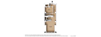 A floor plan of a small apartment with a living room, kitchen, and bathroom.