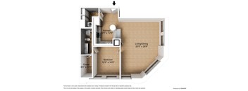 A floor plan of a small apartment with a kitchen, living room, and bathroom.