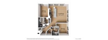 A diagram shows the layout of a small apartment with a living area, two bedrooms, and a kitchen.