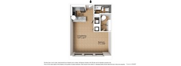 A 3D floor plan of a small apartment with a kitchen, bathroom, living/dining area, and bedroom.