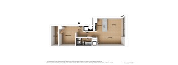 A diagram of a floor plan for a small apartment with a kitchen, dining area, and bathroom.