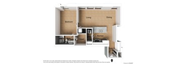 A floor plan of a small apartment with a bedroom, living room, dining room, kitchen, bathroom, utility, and closet.