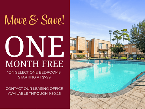 A pool in front of a building with a sign offering a free month if you select one bedroom.