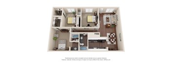 A 3D floor plan of a house with a kitchen, living room, and two bedrooms.